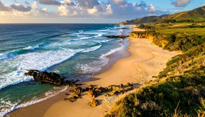 A coastal vista unfolds, capturing a golden beach meeting turquoise waves under a partly cloudy sky. Cliffs lined with greenery