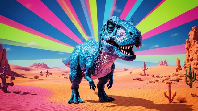 A surreal and vibrant pop art image of a blue Tyrannosaurus Rex in a desert landscape with a psychedelic rainbow-colored sky creating a fantastic and bizarre scene

