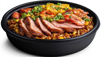 Grilled Beef and Shrimp Stir Fry with Noodles and Corn in Black Bowl