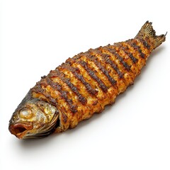Grilled Fish on White Background Golden Brown, Crispy Skin, Detailed Grill Marks