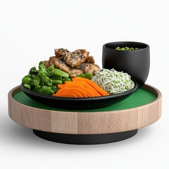 Grilled Meat with Sesame Seeds and Vegetables on a Wooden Tray