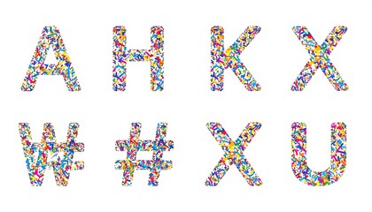 A colorful collection of eight letter and symbol shapes on a white background. Letters are created from small, vibrant specks