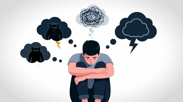 A sad lonely boy sits with his head down surrounded by dark negative thought bubbles containing monsters and lightning illustrating anxiety depression or bullying

