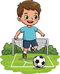 Fototapeta premium Child playing soccer, cartoon illustration, outdoor sports, kicking ball, goal post, green field, active moment, fun, youth, athletic pose