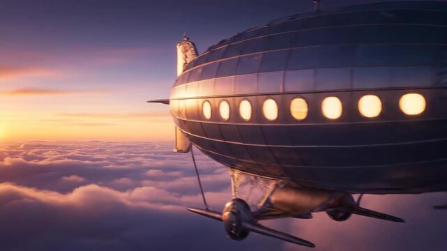 A magnificent steampunk-style airship or zeppelin flies majestically above a sea of clouds during a beautiful and golden sunset representing adventure and fantasy travel

