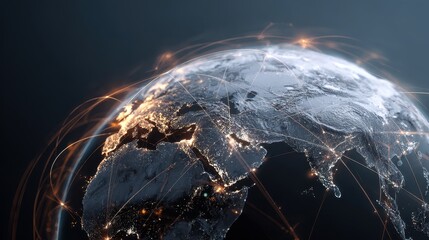 Digital globe with connected trade routes, global network, world trade.