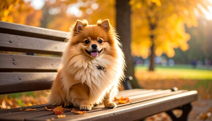 A fluffy, smiling Pomeranian sits on a wooden bench in a park, bathed in warm sunlight with autumnal foliage