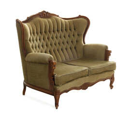 One stylish sofa isolated on white. Used stuff