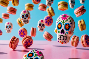 Fototapeta premium Flying Sugar Skull Macarons Day of the Dead