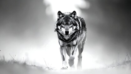 A grayscale image shows a majestic wolf striding directly towards the viewer, highlighted by a diffused, radiant backdrop. The scene evokes a sense of wild freedom