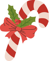 Cartoon Christmas candy cane with ribbon bow vector illustration. Vintage Xmas sweets in hand draw style
