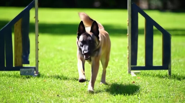 Dog runs agility course training on bright green grass outside