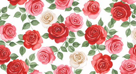 Delicate Watercolor Rose Pattern: Vibrant Red & Pink Floral Blooms with Green Leaves - Seamless Botanical Design for Textile & Decor