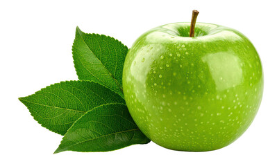 Ripe green apple with leaves on a white background