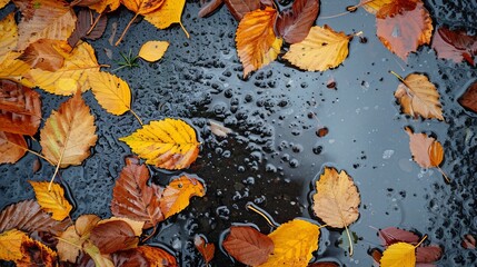 autumn leaves on wet asphalt.