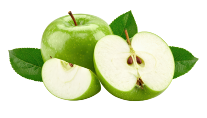 Ripe green apple with leaves on a white background