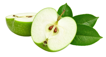 Ripe green apple with leaves on a white background