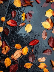 autumn leaves on wet asphalt.