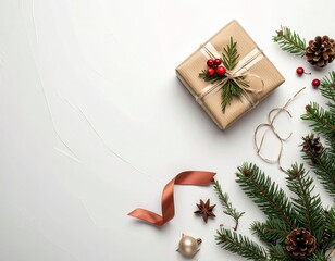 Rustic Christmas gift with natural decoration and copy space
