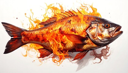 A photorealistic depiction of a fish engulfed in flames, set against a clean white background. The fire has an orange and red hue, adding dynamic movement