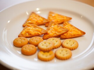 Assortment of delicious cheese crackers and ritz crackers on a white plate