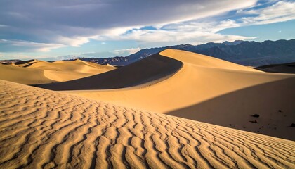 A scenic desert landscape featuring undulating sand dunes bathed in the warm glow of the sun, under a partly cloudy sky, and a distant mountain range