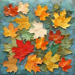 autumn leaves on wet colored paper.