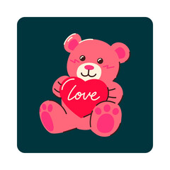 Cute pink teddy bear holding a red heart with the word love