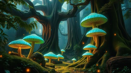 Glowing mushrooms illuminate a magical forest path with ancient trees