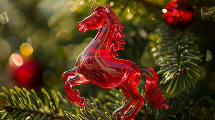 a red horse on a Christmas tree.
