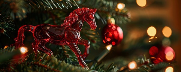 a red horse on a Christmas tree.