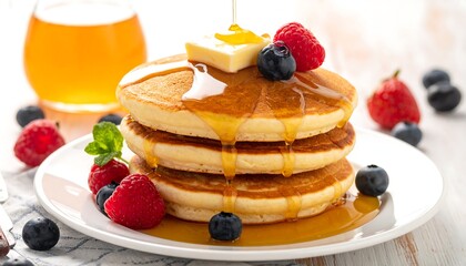 A stack of fluffy pancakes with melting butter, drizzled with syrup, and topped with berries. A glass of syrup sits behind