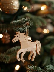 
wooden horse on a Christmas tree.
