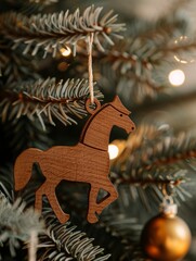 
wooden horse on a Christmas tree.