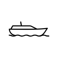 A simple line drawing of a motorboat on water with a small mast and cabin outline on a white background on transparent background silhouette