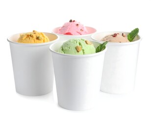 Four paper cups filled with diverse, colorful ice cream scoops