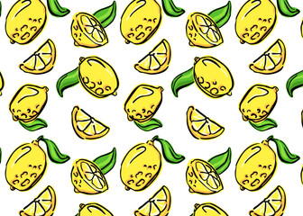Seamless pattern with hand drawn lemons, slices, and seeds. Doodle citrus fruit vector illustration for fabric, textile prints, wrapping paper, kitchen decor, summer design, and backgrounds.