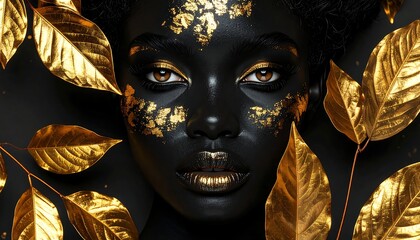 A stunning portrait of a dark-skinned woman, adorned with gold accents on her face, lips, and in the surrounding leaves, creating a captivating contrast