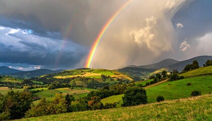 countryside hilly landscape with dark clouds and a vibrant rainbow