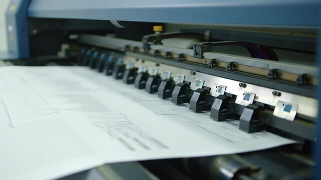 Large format inkjet printer prints on white paper in workshop