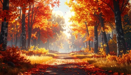 A sun-drenched path winds through a forest, ablaze with the fiery hues of autumn leaves. Trees frame the path, creating a vibrant, warm scene