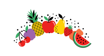 A vibrant illustration showcasing an assortment of colorful fruits arranged in a decorative arc.