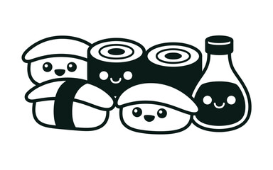 Fototapeta premium Cute kawaii sushi and soy sauce bottle cartoon illustration