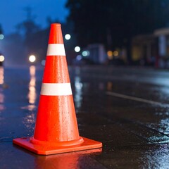 Wet traffic cone at night