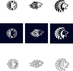 Roaring lion head vector  icon set in multiple styles graphic over black, great for warrior themes, tattoos, or fashion branding.