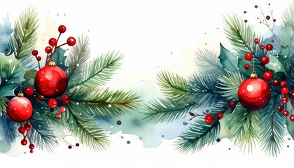 Watercolor Christmas with fir branches and place for . Illustration isolated on. Festive season art evergreen bough image for holiday card blank space.