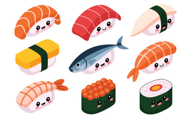 Naklejka premium Cute kawaii sushi collection with adorable faces and various types