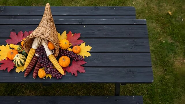 Thanksgiving cornucopia with pumpkins, gourds, corn, grapes on picnic table shows autumn harvest. Festive horn of plenty background for holiday, fall events, seasonal marketing.