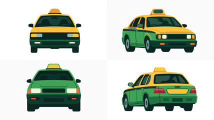 Four views of a classic yellow and green taxi cab