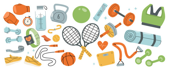 Sport and fitness equipment vector set, gym and workout accessories including dumbbells, barbell, yoga mat, ball, sneakers and tennis. Cartoon flat illustration of sport elements and tools